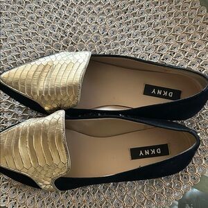 DKNY Women's Elegant Black Suede and Gold Flats